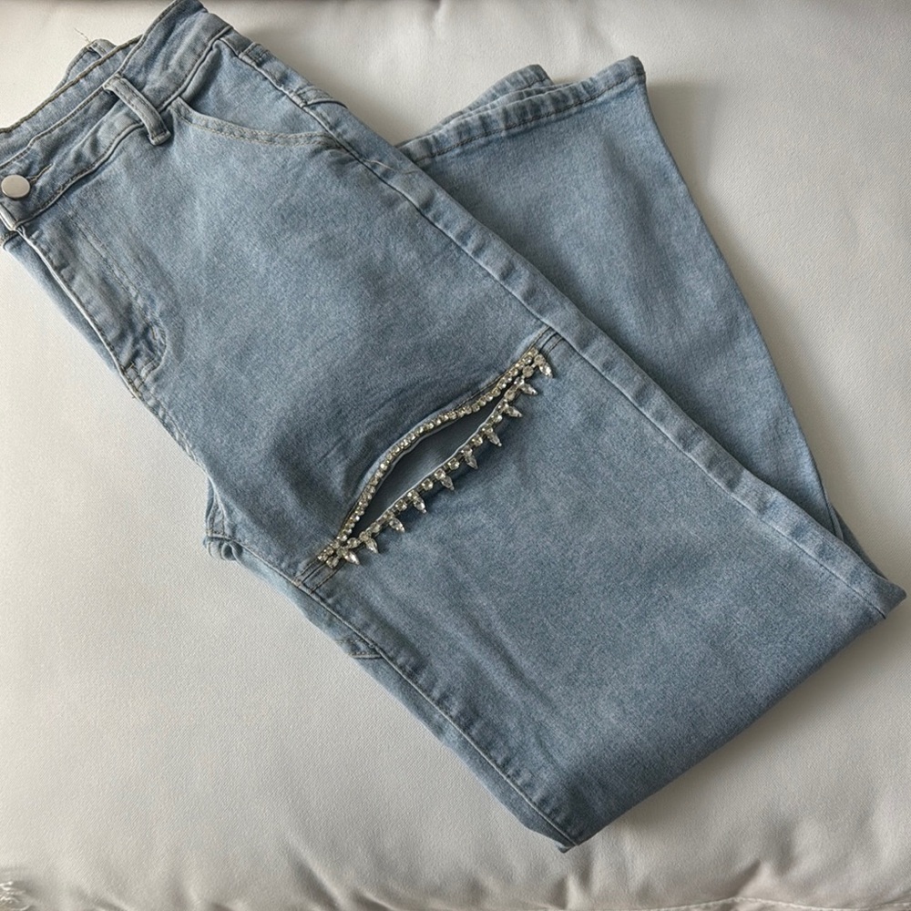 Stylish Light Blue Jeans with Rhinestone Detail
